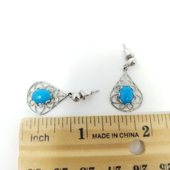 Vintage Blue Cabochon and Silver Tone Filigree Dangle Post Earrings, Estate - Picture 3 of 6